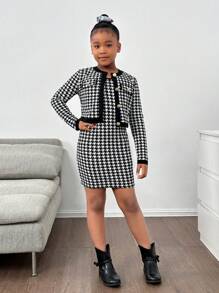 Nova Glow Tween Girl Tween Girl Casual Houndstooth Cardigan Jacket & Slip Dress 2szt. Zestaw