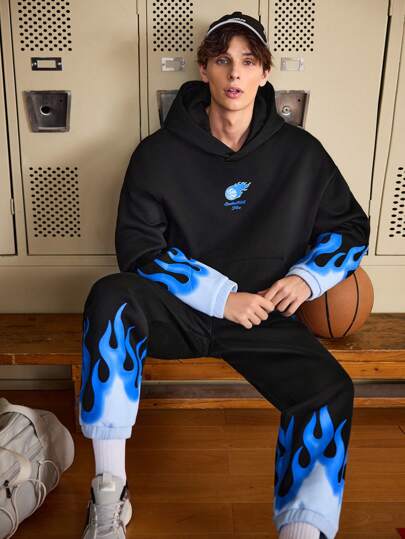 Manfinity Sport Corelite Boyfriend Style Men's Print Long Sleeve Hoodie And Pants Sports Suit, Minimalist Design Gym Set Workout Set