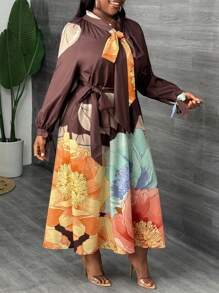 Slaydiva Plus Size Women Solid Color Patchwork Front Tie Long Sleeve Casual Dress, Elegant