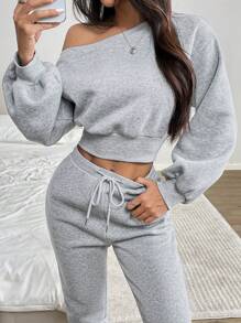 SHEIN EZwear 女士休闲灰色不对称肩部宽松短款运动衫和抽绳腰部运动裤套装 - 灰色 - 查看 6