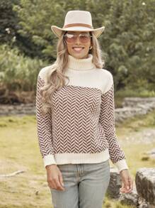 LanaWest Women's Casual Contrast Color Turtleneck Sweater Knit Pullover Fall Winter Outfit - White - View 5