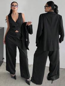 Calvaya Plus Size 3pcs Set Casual Business Suit Vest And Trousers - Black - View 1
