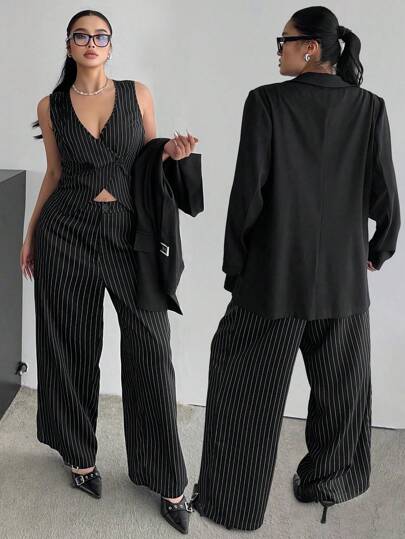 Calvaya Plus Size 2pcs Set Casual Business Suit Vest And Trousers