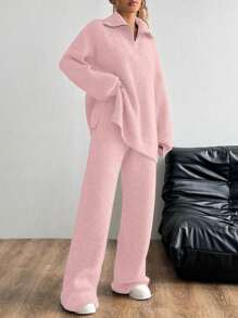 SHEIN Unity 2pcs Women Solid Color Front Zip Long Sleeve Top And Long Pants Set