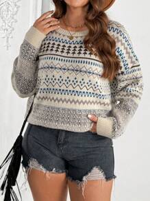 SHEIN LUNE Plus Size Jacquard Knit Crew Neck Sweater, Casual Everyday Wear - Multicolor - View 4