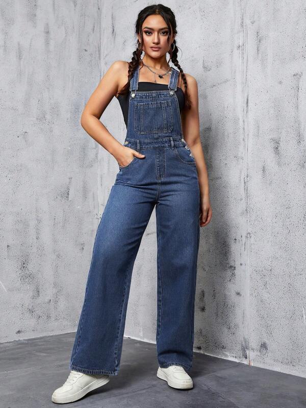 SHEIN ICON Women's Wide Strap Front Button Pocket Casual Denim Jumpsuit
