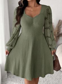 SHEIN Frenchy 大码纯色甜心领长袖休闲迷你连衣裙 - 軍綠色 - 查看 5