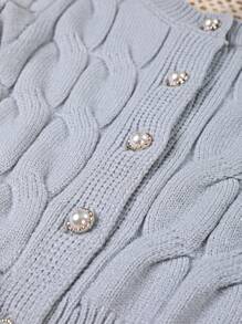 SHEIN Young Girl's Cable Knit Long Sleeve Button-Up Cardigan Set, Casual School Uniform For Autumn, Suitable For Home, Outing, Gathering, And Back To School - Grey - View 4