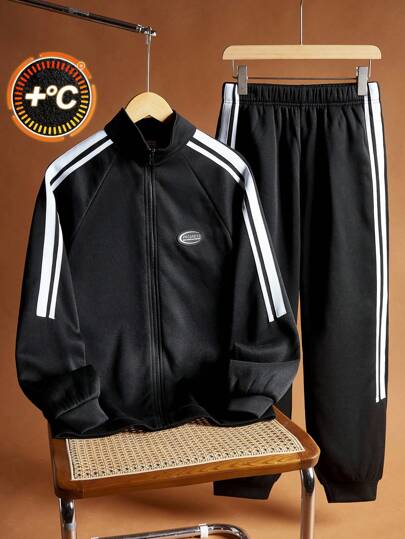 SHEIN 青少年男孩 2 件套运动休闲舒适百搭保暖贴纸编织标志领口长袖上衣长裤针织两件套返校服装；秋季服装；青少年男孩服装；青少年男孩夹克秋冬