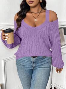 Celure Plus Size Solid Color Cold Shoulder Long Sleeve Casual Sweater Knit Pullover Fall Winter - Mauve Purple - View 6