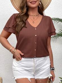 SHEIN VCAY 大码荷叶边 V 领短袖度假衬衫 - 棕色 - 查看 3