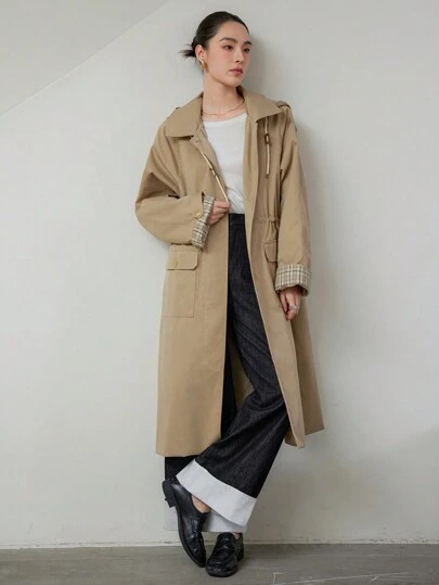 Dazy-Less 女士条纹撞色拼接纯色大口袋抽绳系带风衣女式夹克，秋季女装商务休闲女式工作服