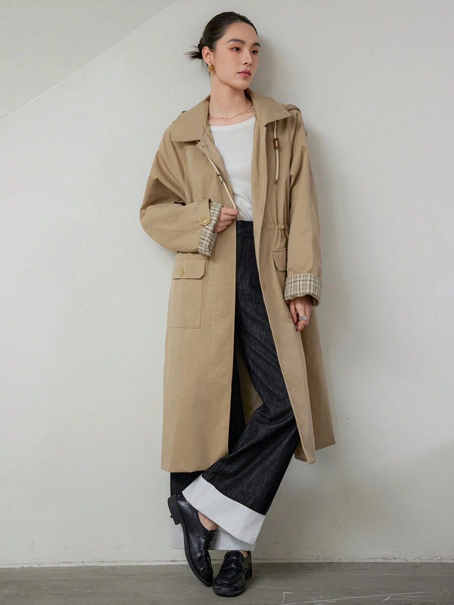 Dazy-Less 女士条纹撞色拼接纯色大口袋抽绳系带风衣女式夹克，秋季女装商务休闲女式工作服