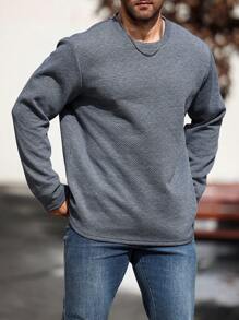 Manfinity Homme Camisetas simples de manga larga y cuello redondo para hombres de talla grande, ropa casual - Gris - Ver 3