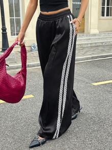 SHEIN Essnce 女士休闲街头时尚撞色蕾丝松紧腰侧袋宽松阔腿裤 - 黑色 - 查看 2