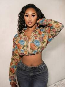 BamGleam Women Casual Street Floral Print Zip-Up Cropped Jacket, Autumn