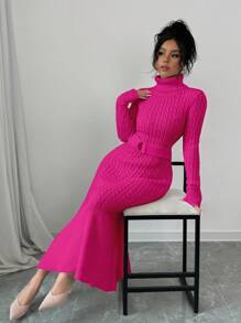 Elenzga Women's Turtleneck Fashionable Bohemian Classic Cable Knit Mermaid Hem Sweater Dress For Holidays & Vacation, Autumn/Winter
