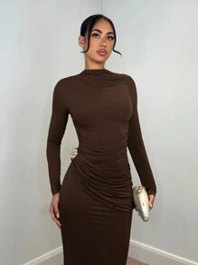 SHEIN BAE 优雅女士长袖连衣裙带金属装饰，日常休闲 / 约会 / 郊游 / 夜店派对 / 聚会装 - 咖啡棕 - 查看 3