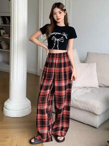 DAZY Pantalones de descanso con cintura elástica y estampado a cuadros