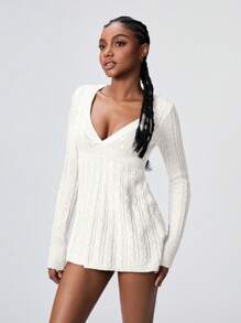 TRNVIE Top casual de mujer de manga larga con cuello en V de unicolor, para uso diario
