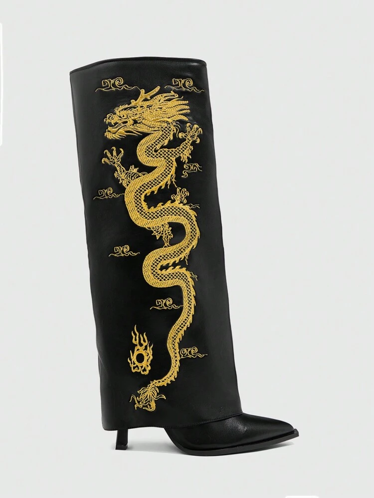 CUCCOO SZL Botas altas sexys y elegantes con bordado de dragón, punta afilada, tacón alto delgado, cierre lateral con cremallera, botas negras de rodilla de diseño distintivo para mujer, ideal para Año Nuevo y fiestas