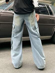 SHEIN Retro Vintage Blue Denim Loose Cargo Pants For Teenage Boys