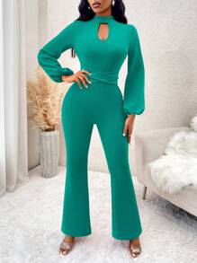 SHEIN Clasi 优雅纯色立领镂空修身喇叭连体裤，秋冬 - 綠色 - 查看 6