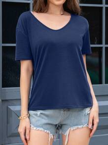 SHEIN Women Summer Solid-Color V-Neck Short-Sleeve Casual T-Shirt - Blue - View 1