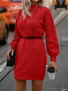 SHEIN Unity 女士纯色立领长袖休闲短款针织连衣裙新年衣服 - 紅色 - 查看 5