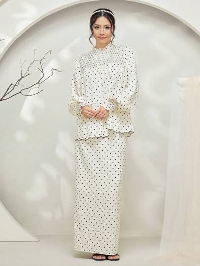 Veilorie Baju Kurung 2pcs Women Dot Print Ruffled Lantern Sleeve & Hem Loose Top & Midi Skirt Set Modest