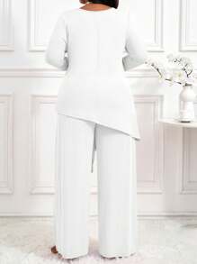 Fleurora Spring And SummerAutumn And Winter Elegant Casual Rose Red Knitted V Neck Flounce Rhinestone Long Sleeve Plus Size Co-Ords - White - View 2