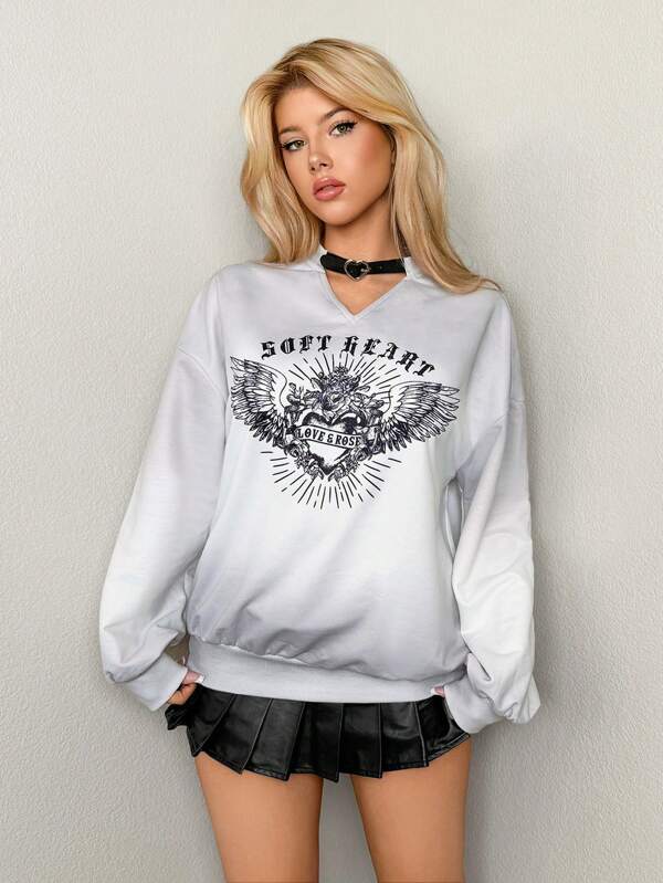 Sweetina Crew Neck PU Heart Buckle Decor Vintage Print Loose Fit Sweatshirt