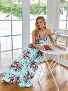 SHEIN VCAY Elegant Summer Vacation Criss Cross Backless Floral Dress Wedding Guest Dress - Multicolor - View 6