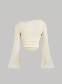 SHEIN MOD Camiseta de mujer de talla grande con estampado floral de malla ajustada en color crema, apta para cita, fiesta, uso casual y trabajo, Día de San Valentín - Albaricoque - Ver 2