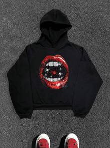 Manfinity VCAY 1 pieza Sudadera con capucha casual con estampado de labios para hombre, sudadera con capucha de manga larga con diseño gráfico para salir, regalo para amigos, esposo, novio