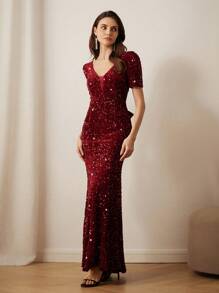 Aveloria Rosie Elegante y sofisticado vestido de fiesta con corte sexi, manga corta y efecto ceñidor de cintura, con lentejuelas y diseño calado de estilo sirena, para damas, primavera/verano, Día de San Valentín