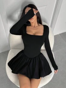 SHEIN EZwear 女士优雅方领泡泡袖纯色迷你连衣裙，秋季 - 黑色 - 查看 2
