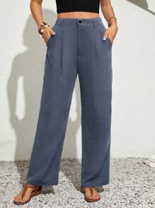 SHEIN VCAY Plus Size Holiday Casual Solid Color Pleated Straight Leg Pants