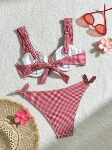 Swim Mod Conjunto bikini sexy de cuadros con corbata frontal para mujer, para ropa de playa y vacaciones