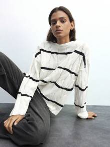 Maija Women's Casual Minimalist Black & White Striped Knitted Sweater, Warm For Autumn/Winter - Black and White - View 1