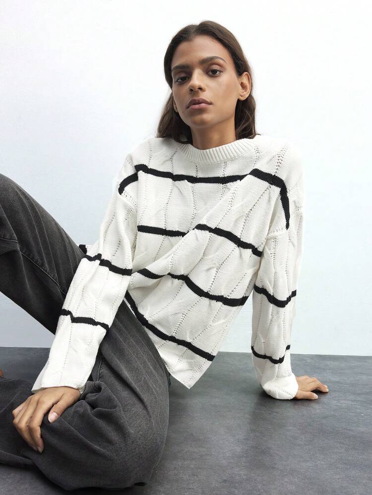 SHEIN Maija Women's Casual Minimalist Black & White Striped Knitted Sweater, Warm For Autumn/Winter