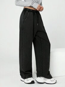 SHEIN EZwear Women's Drawstring Waist Straight Leg Loose Sweatpants, Washing And Distressing Process - Black - View 3