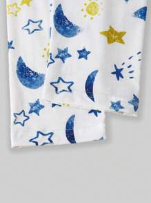 SHEIN Kleine Jungen 2-teiliges Pyjama-Set mit Stern- und Mond-Muster, elegant, bequem, langärmelig, Hemd und langer Hose