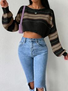 Chiquease Pulover pentru femei cu guler rotund, mânecă lungă, dungi, simplu, scurt, casual, pulover, mânecă lungă, top tricotat, toamnă-iarnă - Negru - Vizualizare 5