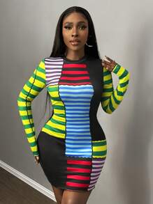 Slaydiva Vestido mini ajustado a rayas de estilo elegante para fiesta/cita/diario/deportivo/casual/urbano - Multicolor - Ver 5