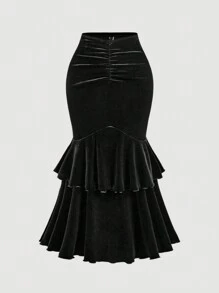 SHEIN MOD Falda de cola de sirena con volantes negra de estilo retro para tallas grandes