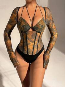 Allurite 女士纯色拼接长袖镂空简约休闲紧身衣 - 綠色 - 查看 3