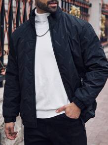 Manfinity Homme Große Größen Jacke mit Reißverschluss und Bändchenkragen für Herren, schwarze Winterjacke mit langen Ärmeln für Ausgehen, warm und lässig, Geschenkidee für Freunde, Ehemann, Freund - Schwarz - Übersicht 4