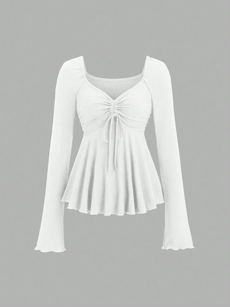 Sweetra T-shirt à manches longues style vintage doux rouge Anchula avec cordon de serrage pour femmes