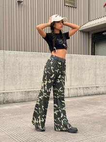 INAWLY Damen einfache bedruckte Lange Hose mit Vorderteil Knoten, Lässiger Alltagsalltag Tragen